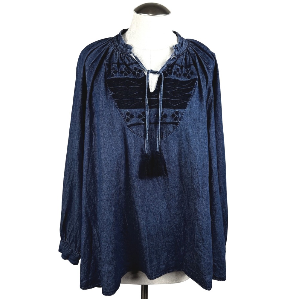 Ne Quittez Pas Women's Denim Tunic Size Large Blue Embroidered Details Boho Top